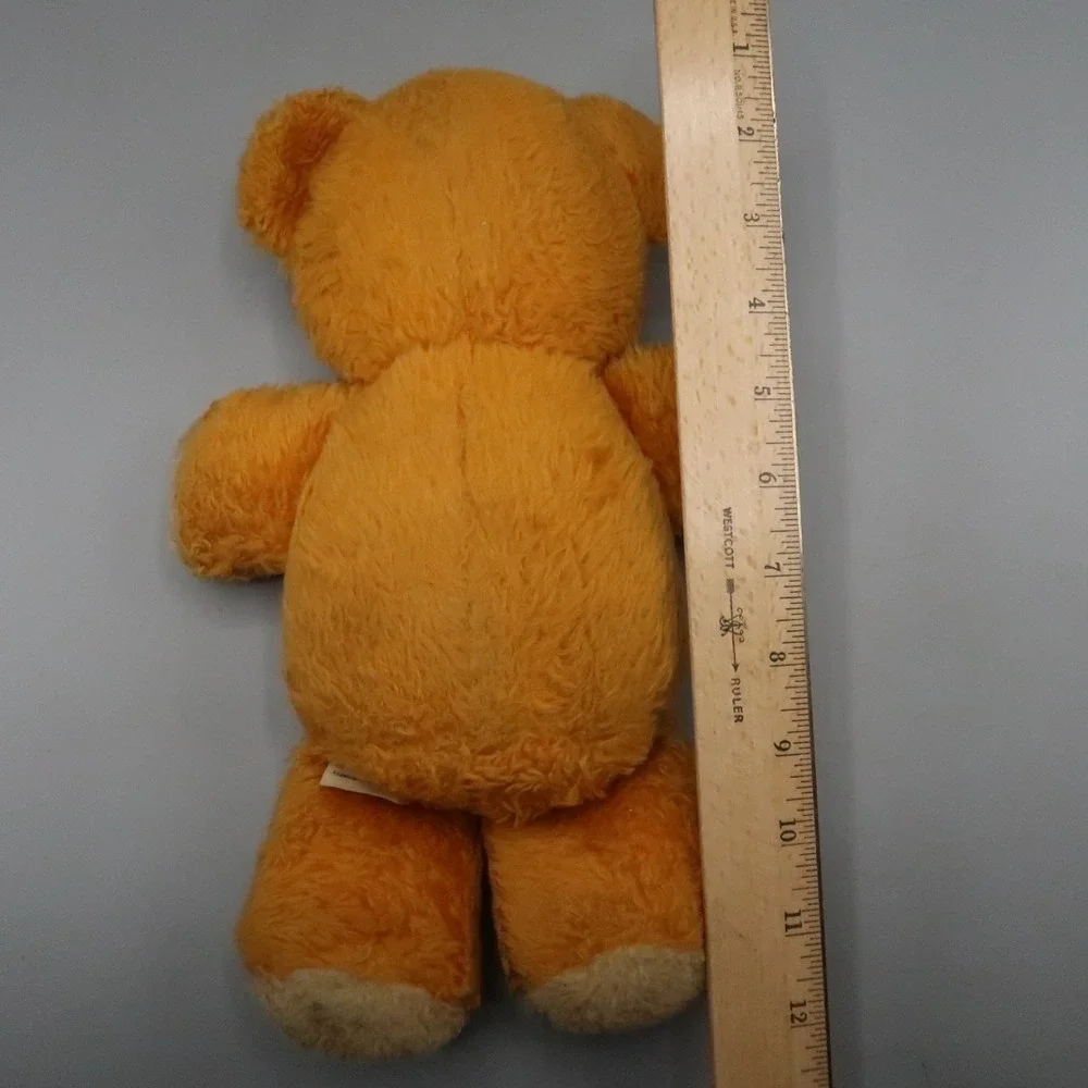 1975 Fisher Price Orange Teddy Bear Plush Stuffed Animal Apple Bib Squeaks #418‎